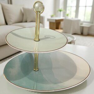 Vintage 2-Tier Cupcake Snack Tray Plate Seafoam Green with Gold Detail 7.25 H